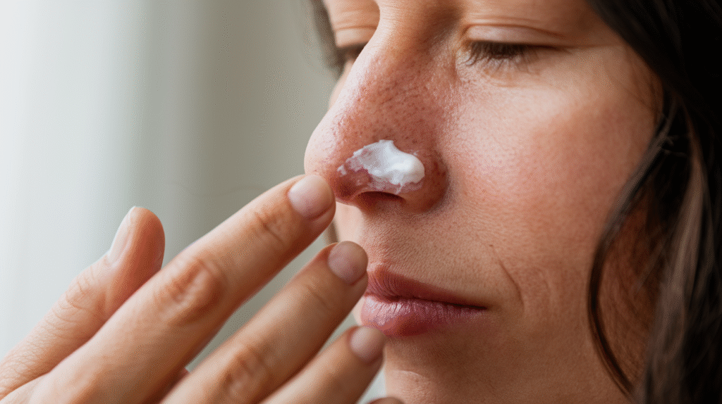 Application de baume Labello sur un nez irrité pour soulagement