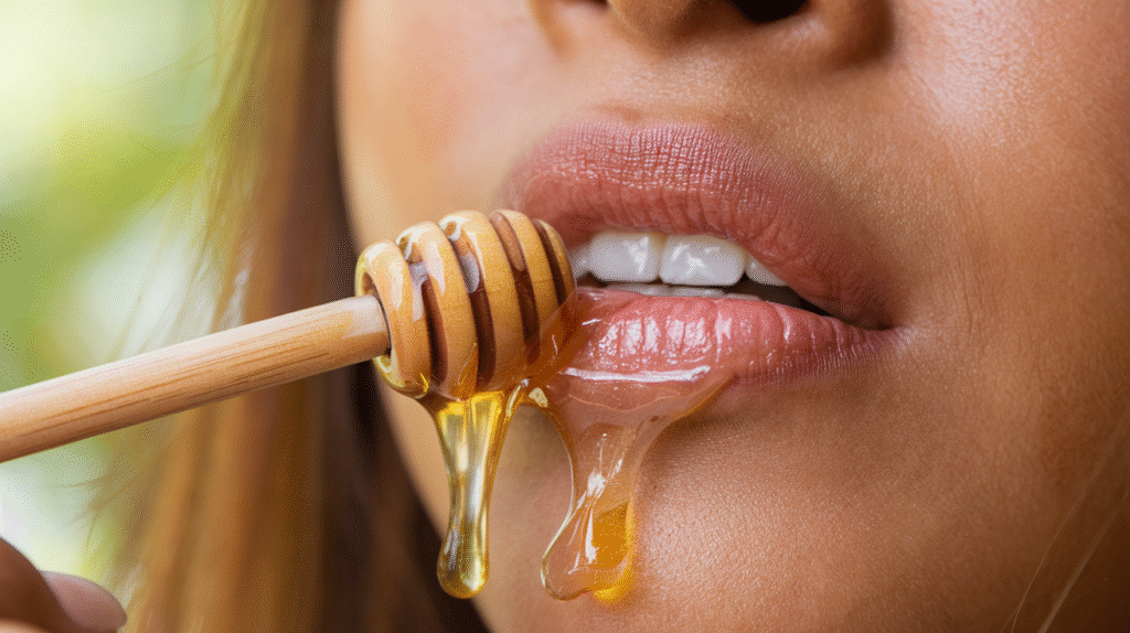 Application de miel sur des lèvres gercées pour les hydrater naturellement