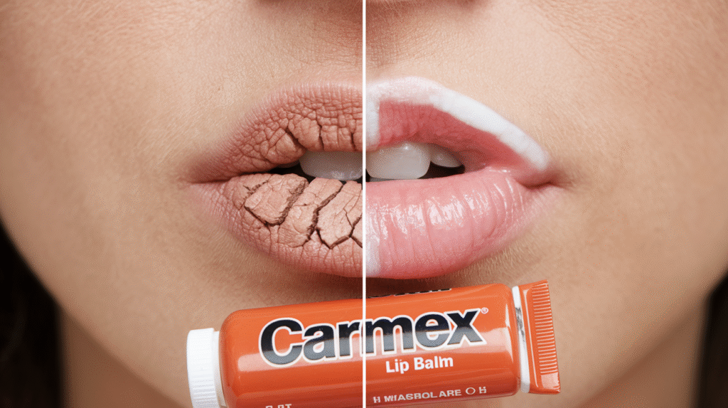 Comparaison avant-après de lèvres traitées avec Carmex, montrant l'amélioration visible