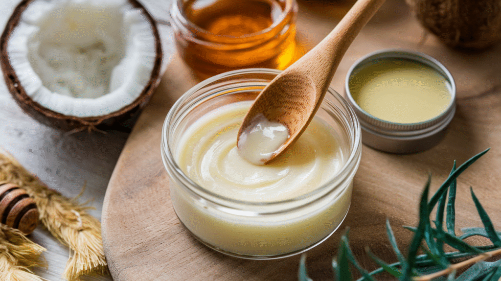 Préparation d'un baume à lèvres maison mêlant huile de coco et miel