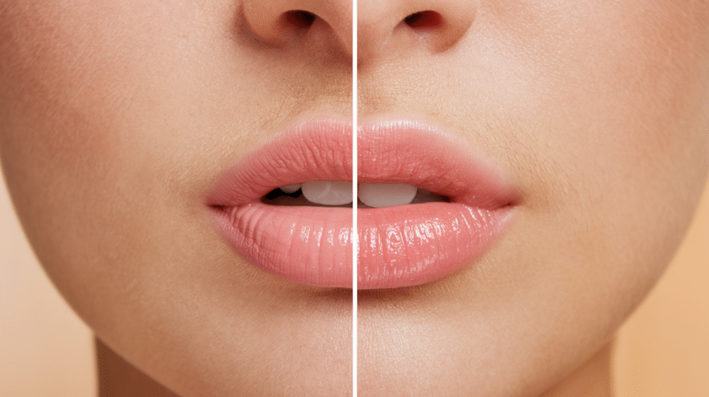 Transformation des lèvres avant et après application de vaseline, montrant l'effet hydratant