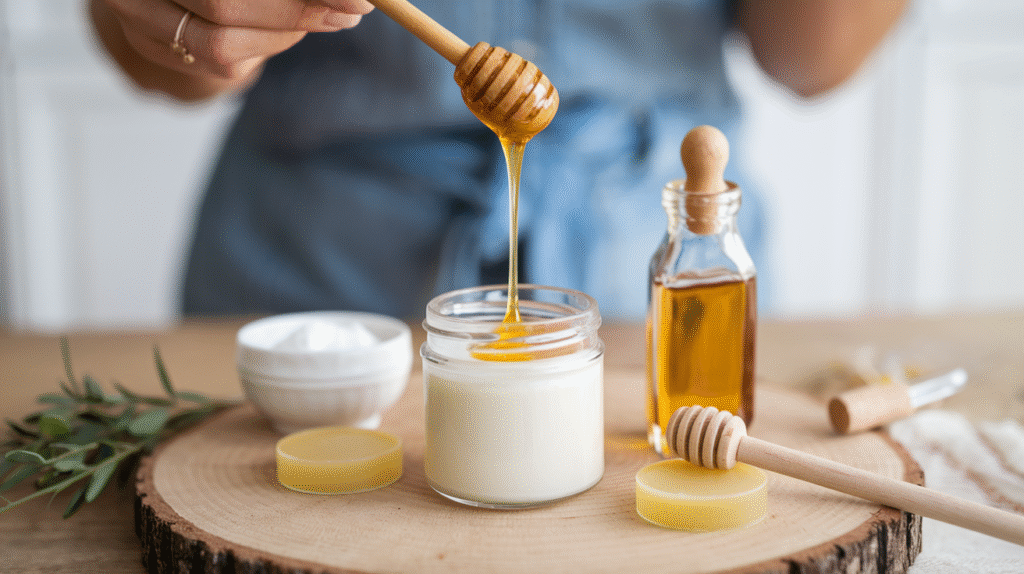 Préparation d'un baume à lèvres maison au miel avec cire d'abeille et huiles naturelles