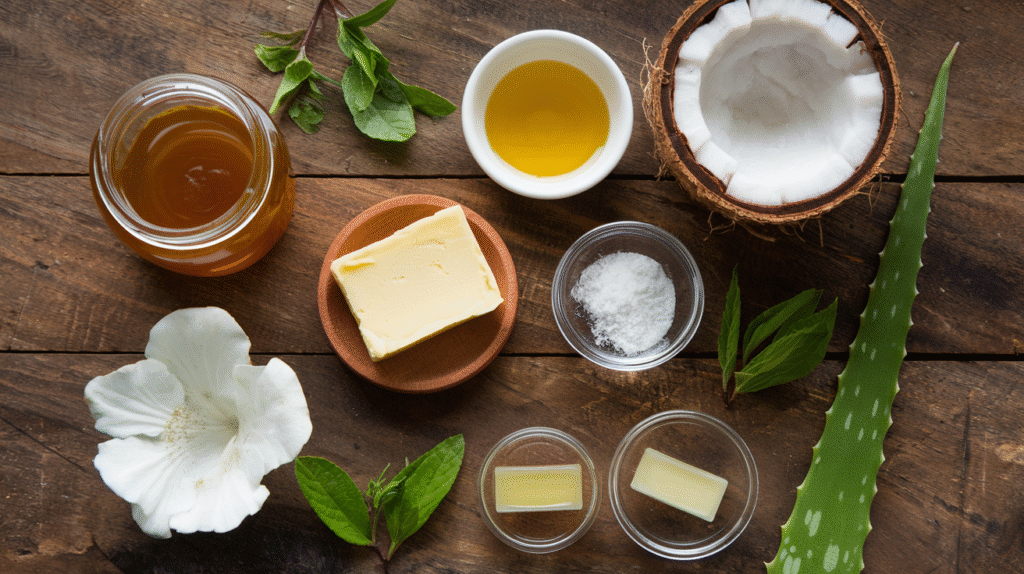 Ingrédients naturels pour soins des lèvres faits maison disposés sur une table en bois
