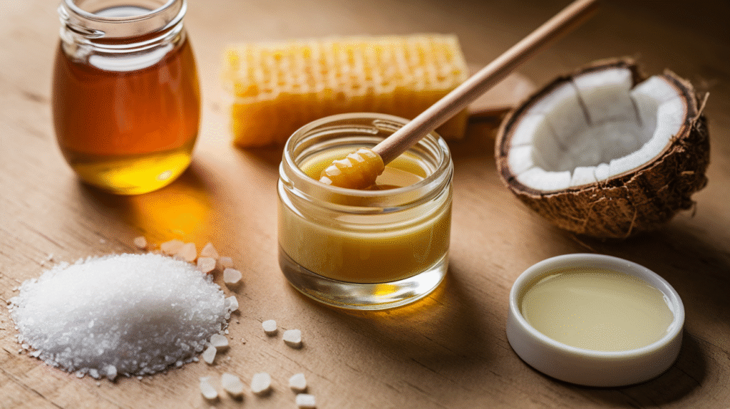 Baume à lèvres fait maison au miel et sucre dans un pot en verre avec ingrédients naturels