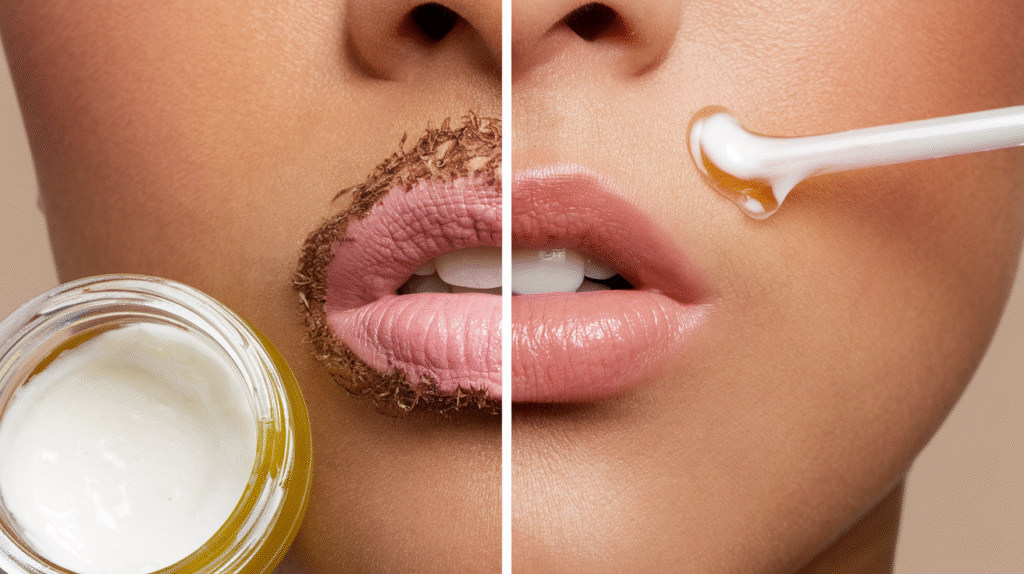 Application d'huile de coco sur des lèvres sèches et gercées
