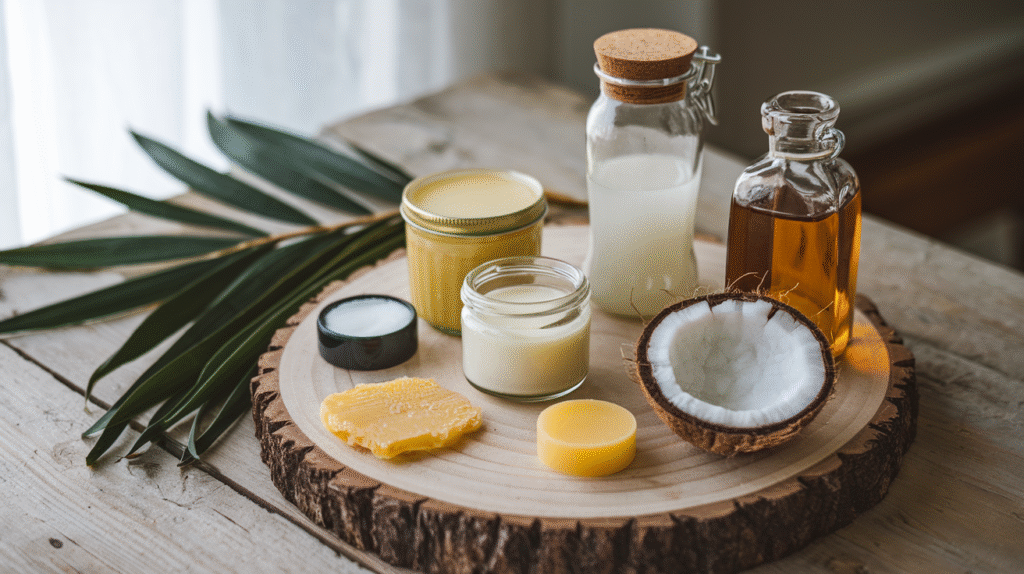 Ingrédients pour fabriquer un baume à lèvres maison à l'huile de coco