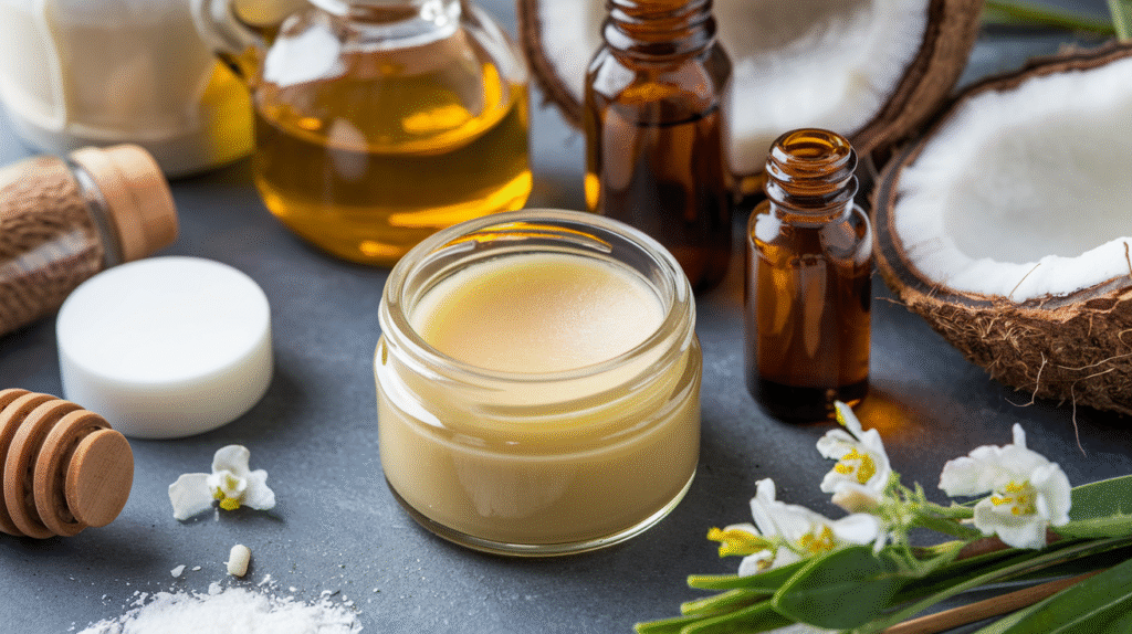 Baume à lèvres fait maison avec huiles essentielles, cire d'abeille et ingrédients naturels