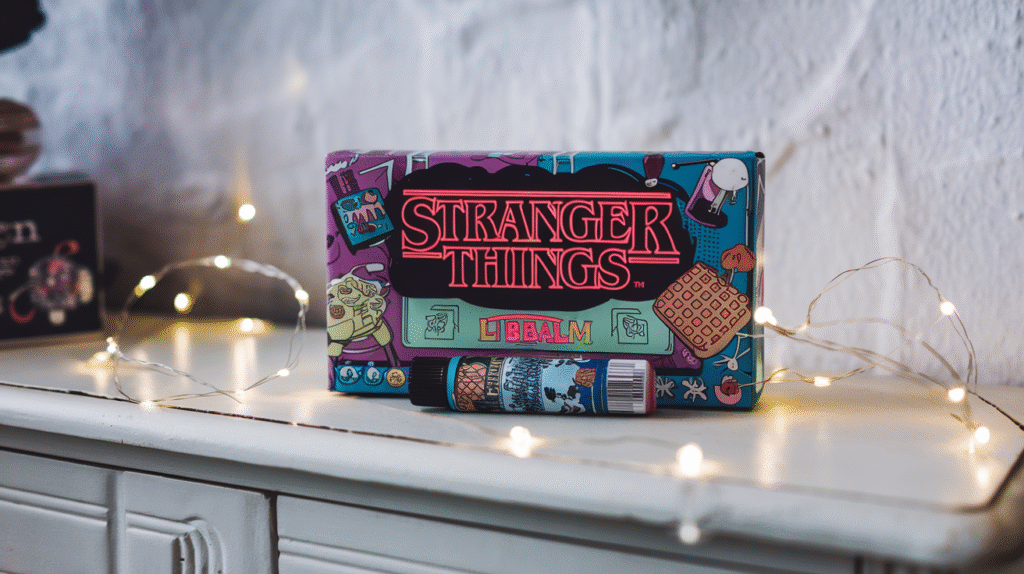 Baume à lèvres édition Stranger Things avec packaging rétro et logo néon