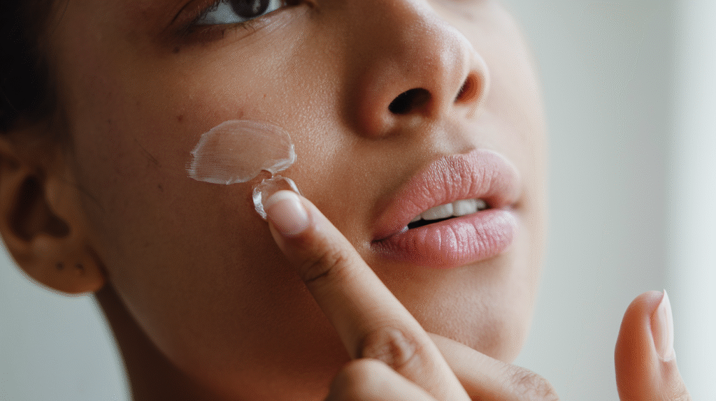 Application de baume à lèvres sur différentes zones du visage pour une hydratation ciblée