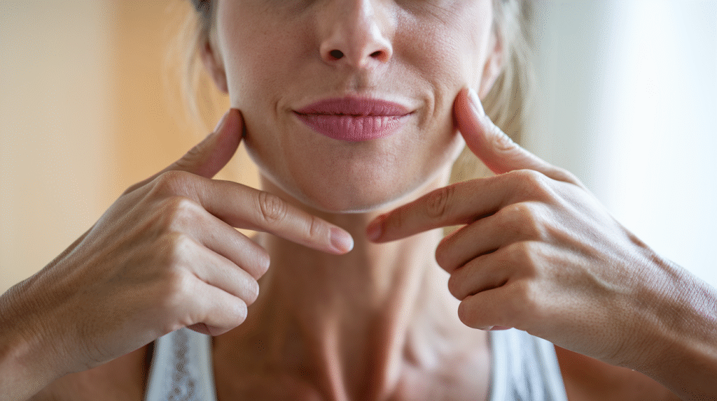 Femme pratiquant un exercice de yoga facial pour le contour des lèvres