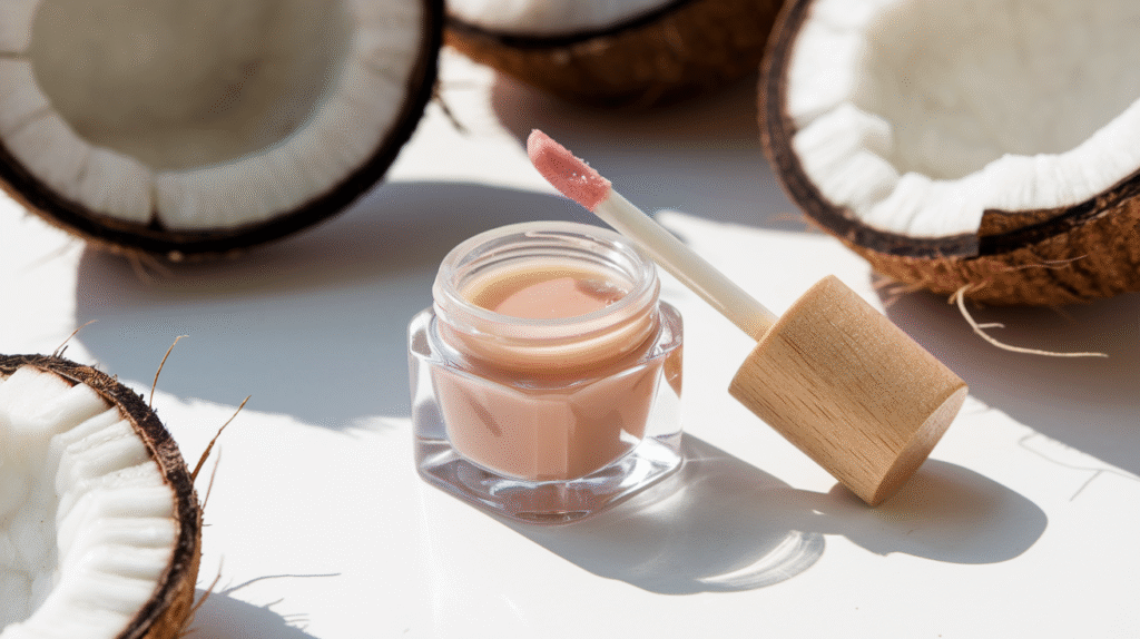 Gloss fait maison à l'huile de coco dans un petit pot transparent