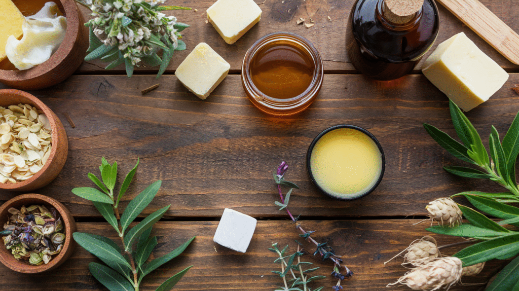 Ingrédients et matériel pour fabriquer un baume naturel fait maison