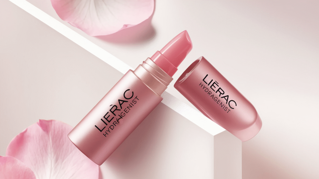 Baume à lèvres rose Lierac Hydragenist avec sa texture brillante et sa teinte rosée