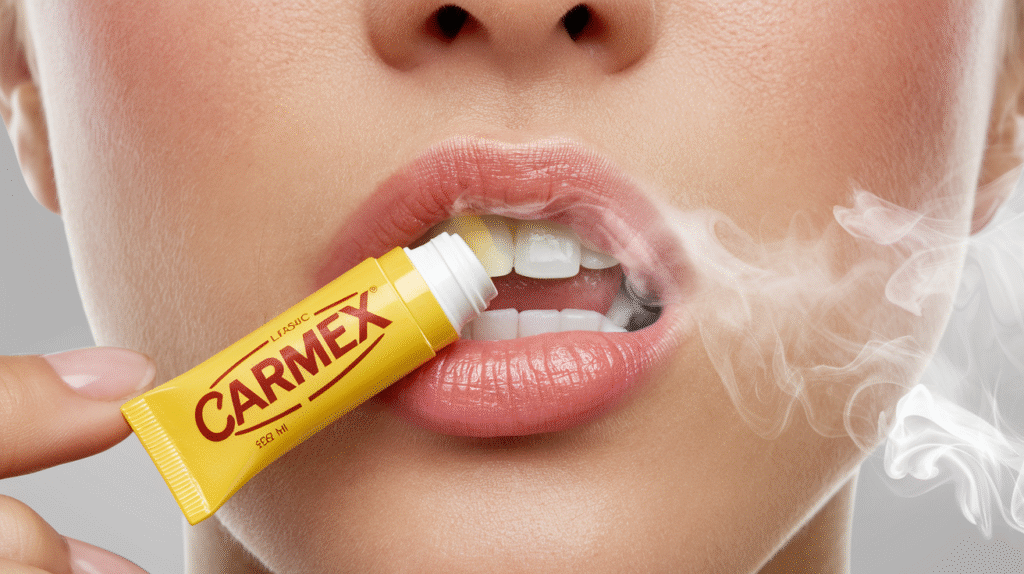 Application de baume à lèvres Carmex produisant un effet rafraîchissant