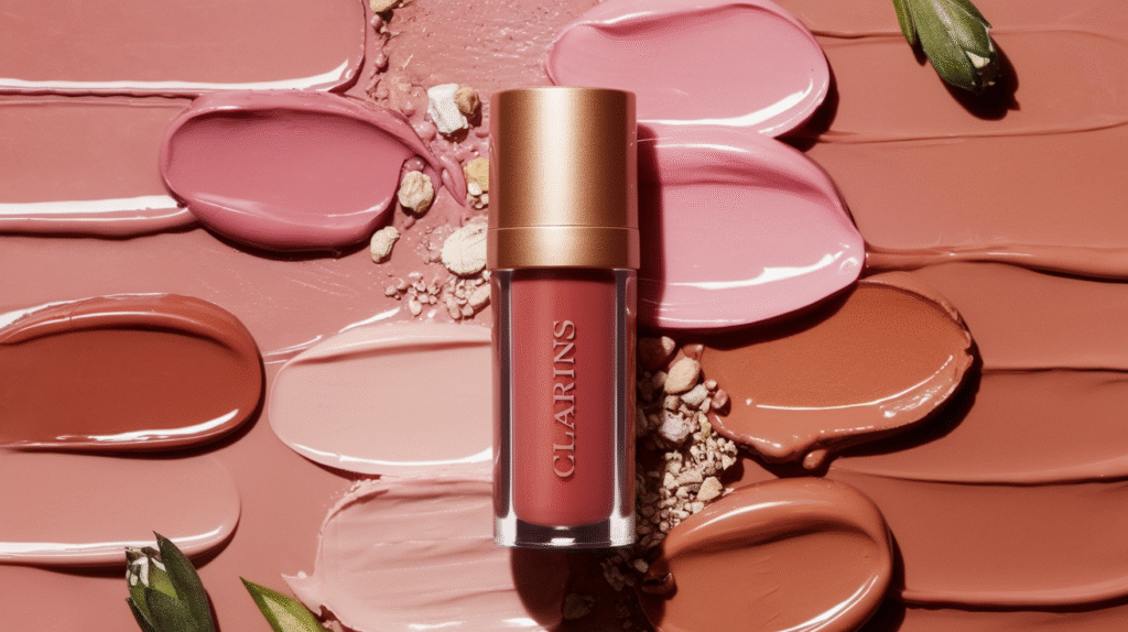 Baume à lèvres teinté Clarins avec ses différentes teintes et texture brillante