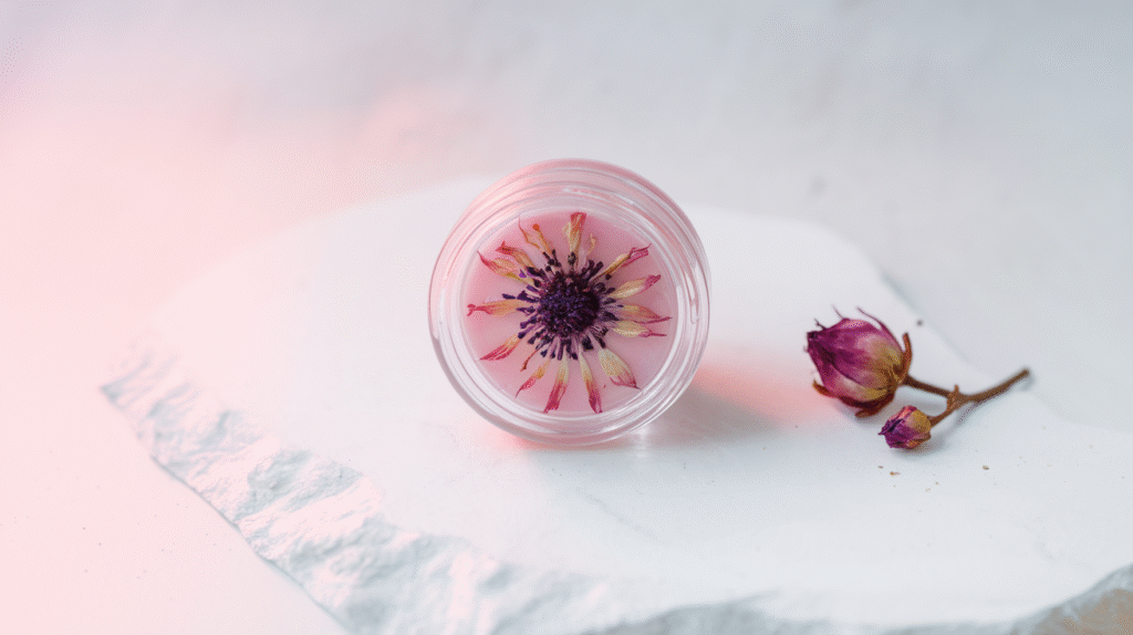 Baume à lèvres transparent avec une fleur séchée à l'intérieur