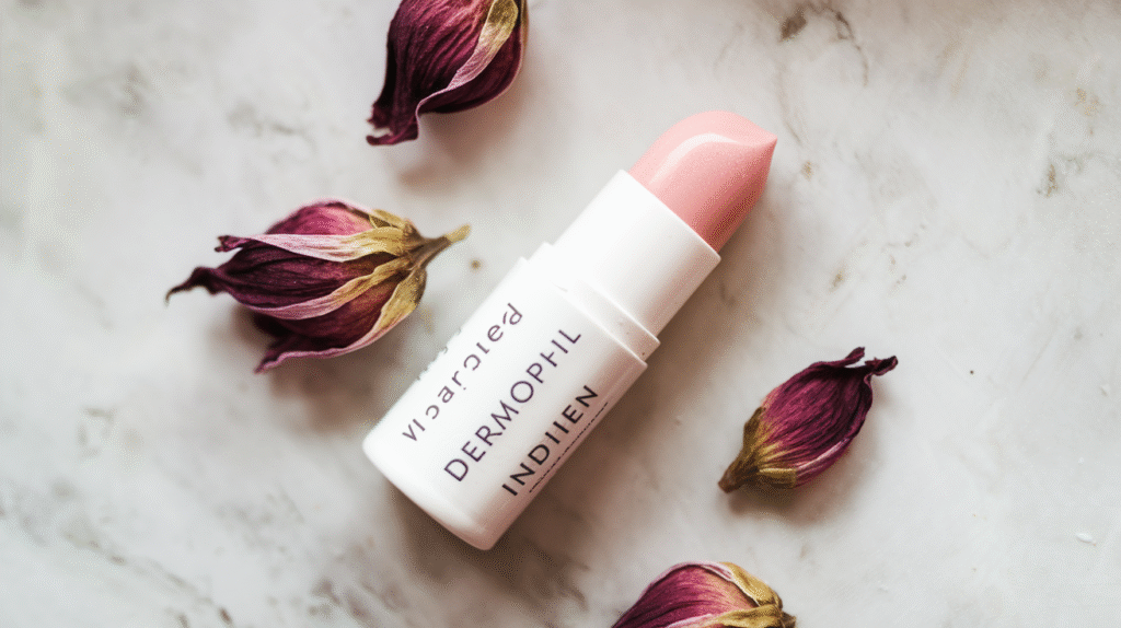 Baume Dermophil Indien lèvres rose avec sa texture crémeuse et sa teinte rosée délicate
