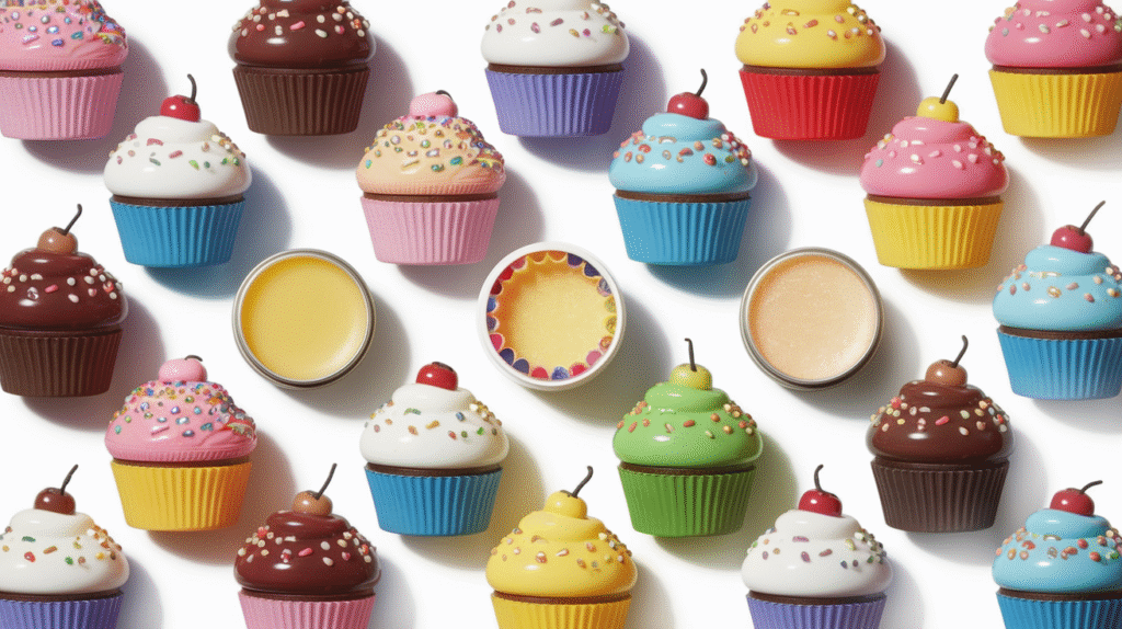 Collection de baumes à lèvres en forme de cupcake de différentes marques