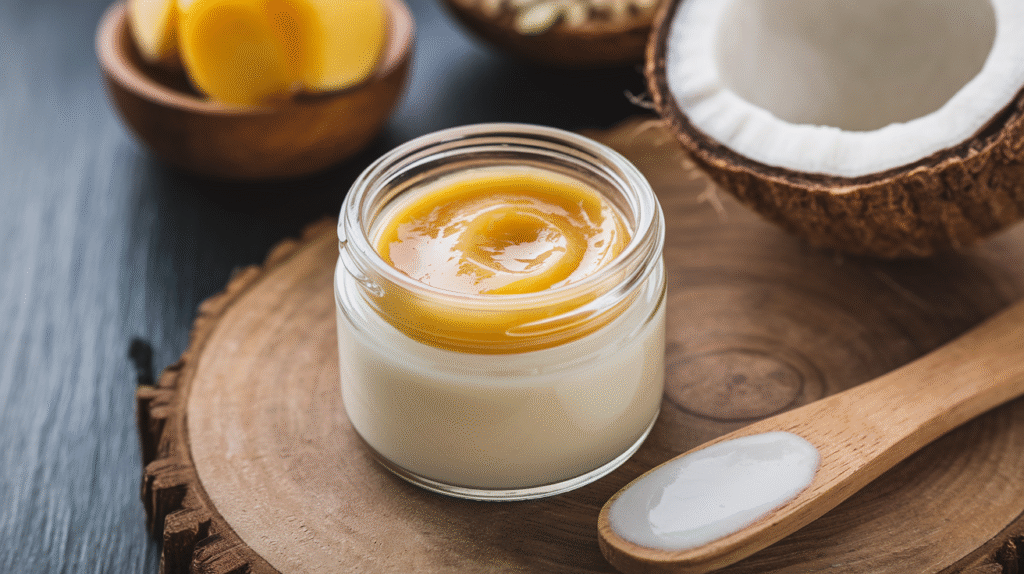 Baume à lèvres fait maison à base d'huile de coco et cire d'abeille dans un petit pot en verre