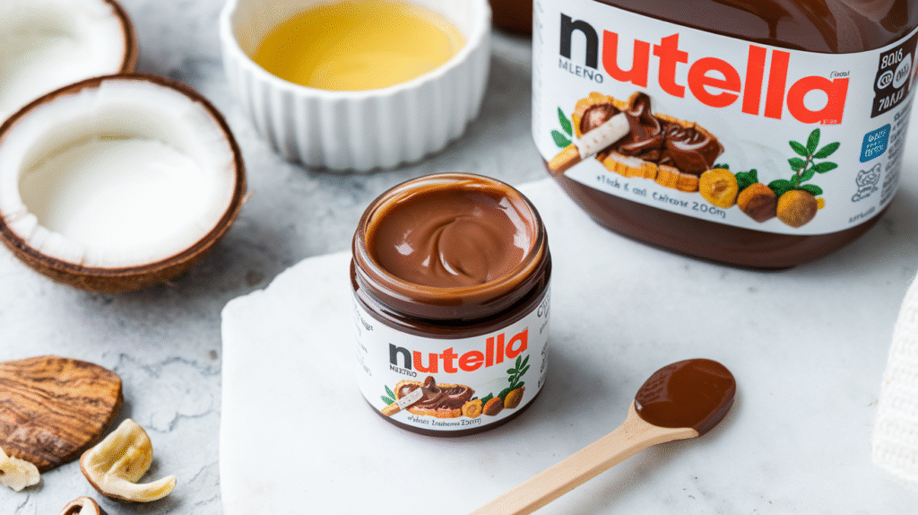 Baume à lèvres Nutella fait maison dans son contenant avec les ingrédients nécessaires