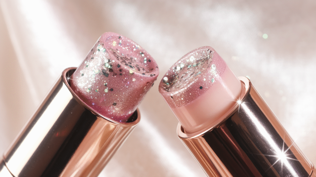 Baume à lèvres Labello pailleté ouvert montrant sa texture brillante