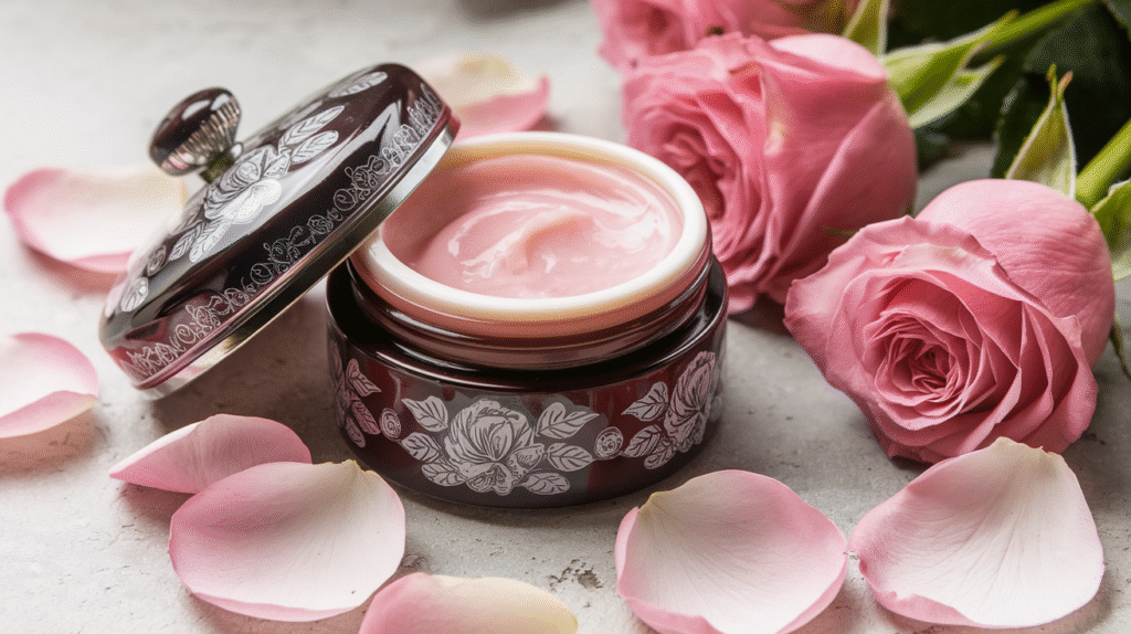 Baume à la rose Ava dans son emballage élégant entouré de pétales de rose