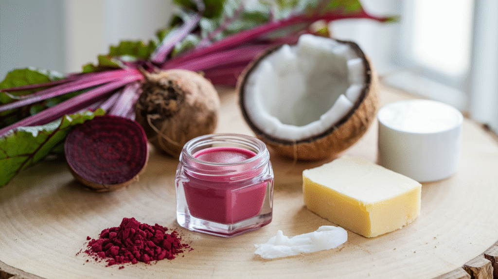 Baume à lèvres coloré fait maison dans un pot avec ses ingrédients naturels
