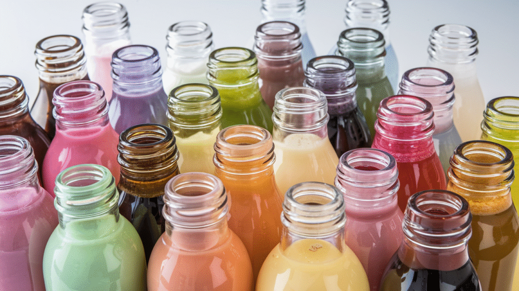 Collection de baumes à lèvres aux goûts de boissons, avec emballages colorés rappelant sodas et boissons fruitées