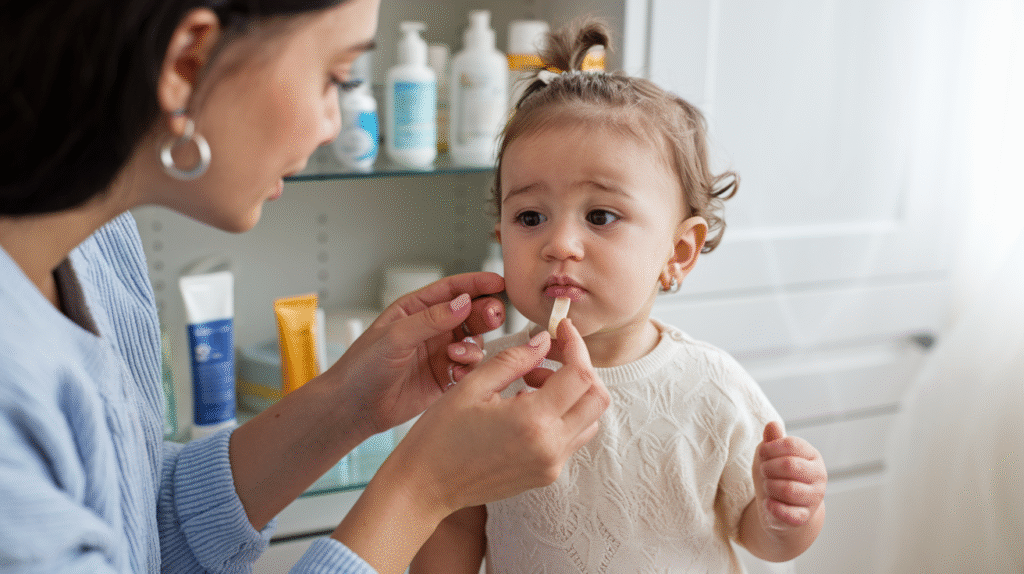 Parent appliquant un baume à lèvres spécial enfant sur un tout-petit
