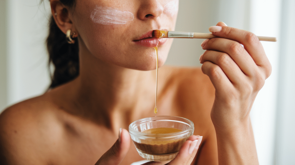 Application d'un masque maison au miel pour obtenir des lèvres pulpeuses