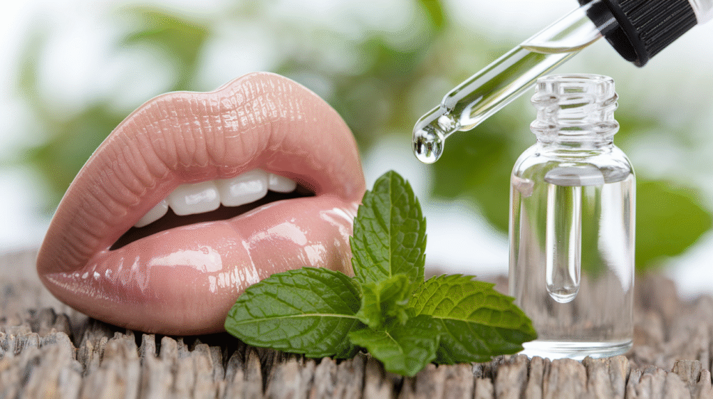 Application d'huile essentielle de menthe poivrée sur des lèvres pulpeuses