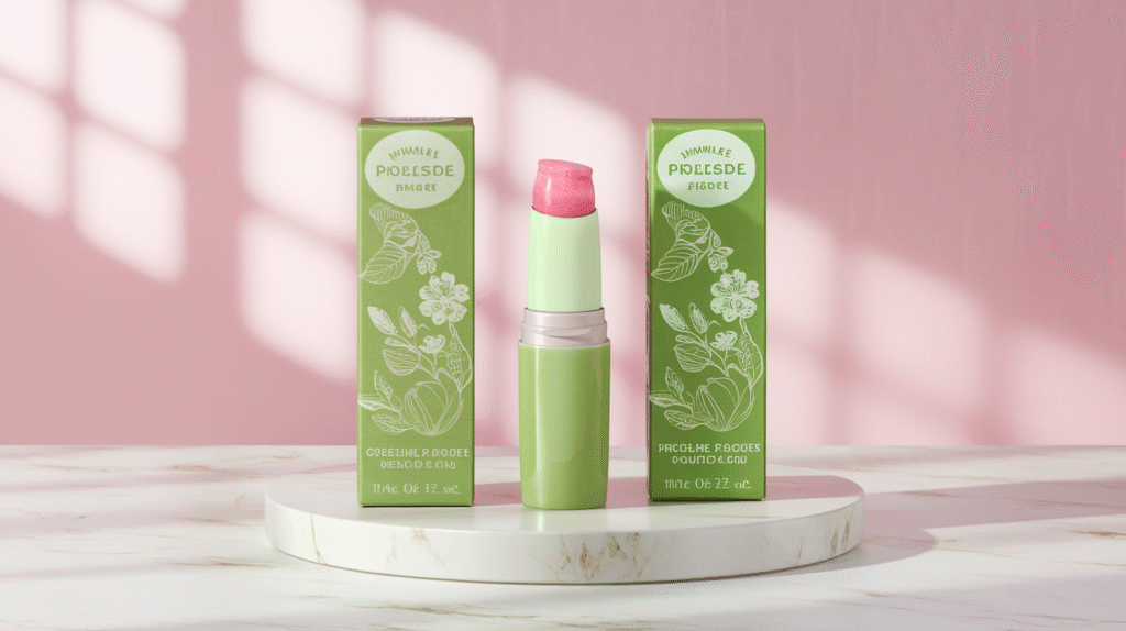 Baume à lèvres vert magique se transformant en rose sur les lèvres