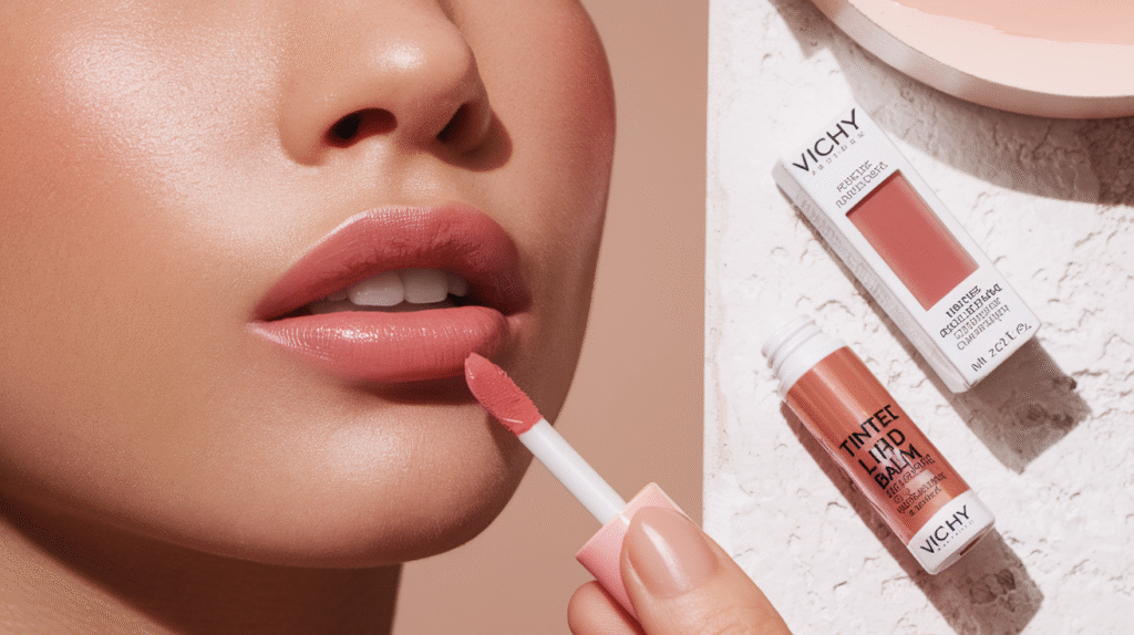Application d'un baume à lèvres teinté Vichy montrant sa texture et sa teinte naturelle