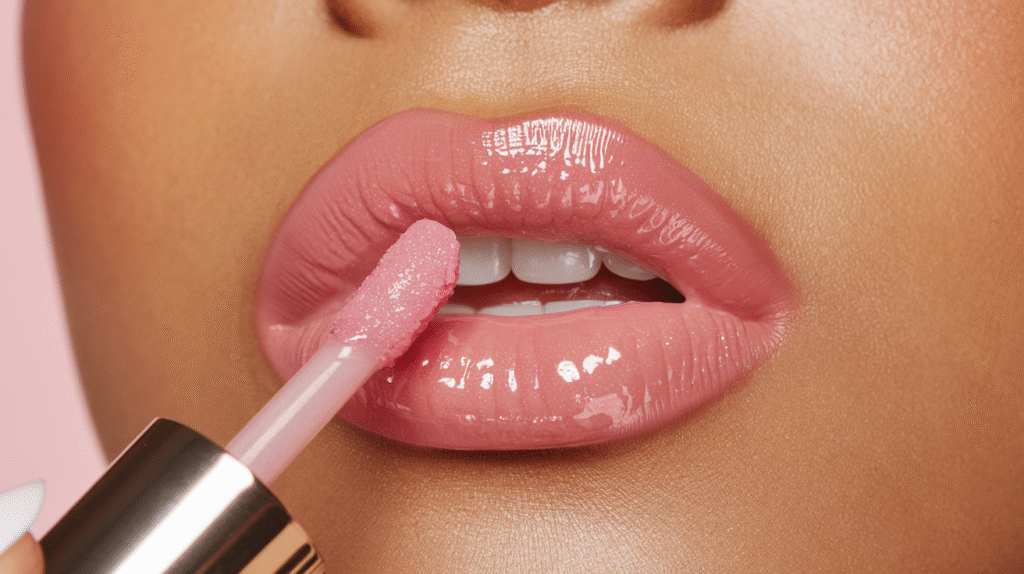 Application d'un gloss réparateur sur des lèvres naturellement roses et brillantes