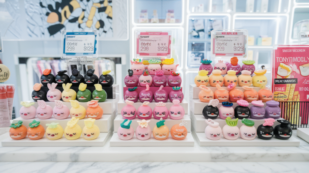 Collection de baumes à lèvres Tony Moly aux packagings originaux avec étiquettes de prix