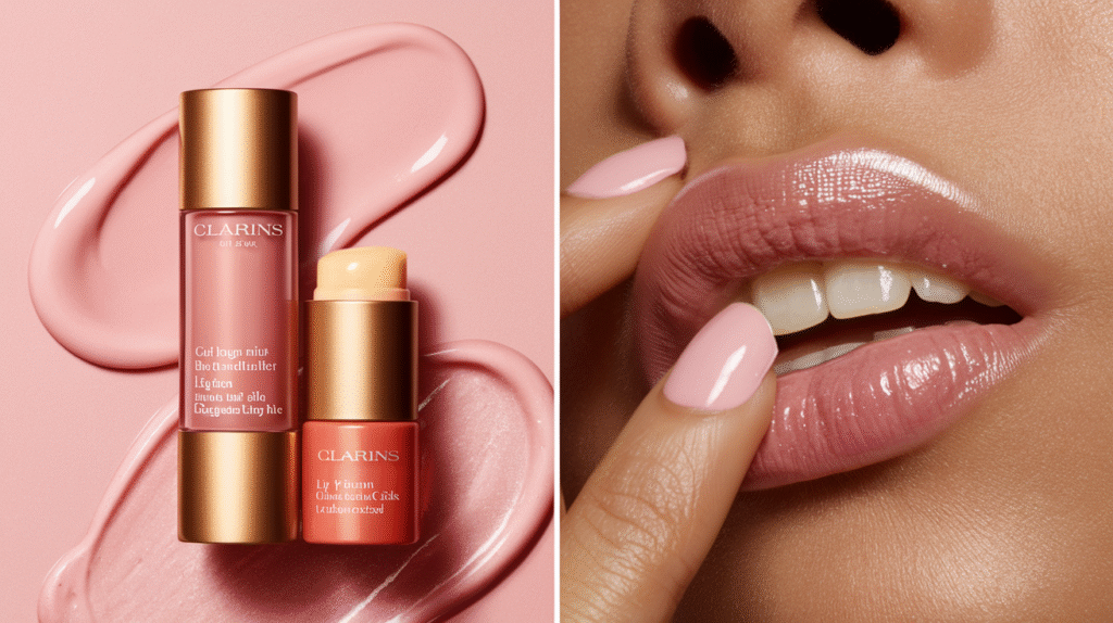 Baume à lèvres Clarins Éclat Minute avec application sur lèvres hydratées