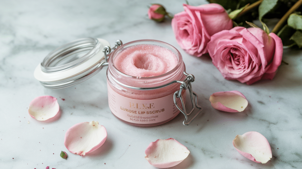 Pot de gommage pour lèvres Avant Skincare à la rose avec texture exfoliante rosée