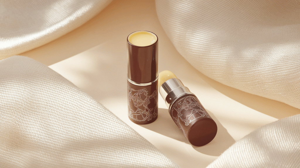 Recharge baume à lèvres Hermès à côté de son étui métallique luxueux