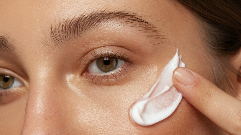 Application du contour yeux et lèvres Avène YsthéAL sur la zone périoculaire