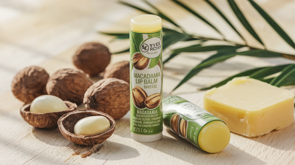 Baume à lèvres macadamia Yves Rocher posé près d'ingrédients naturels