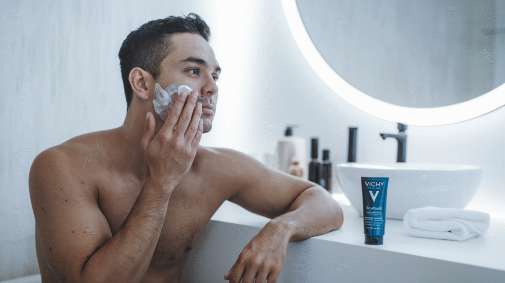 Application du baume apaisant Vichy Sensi Homme après le rasage