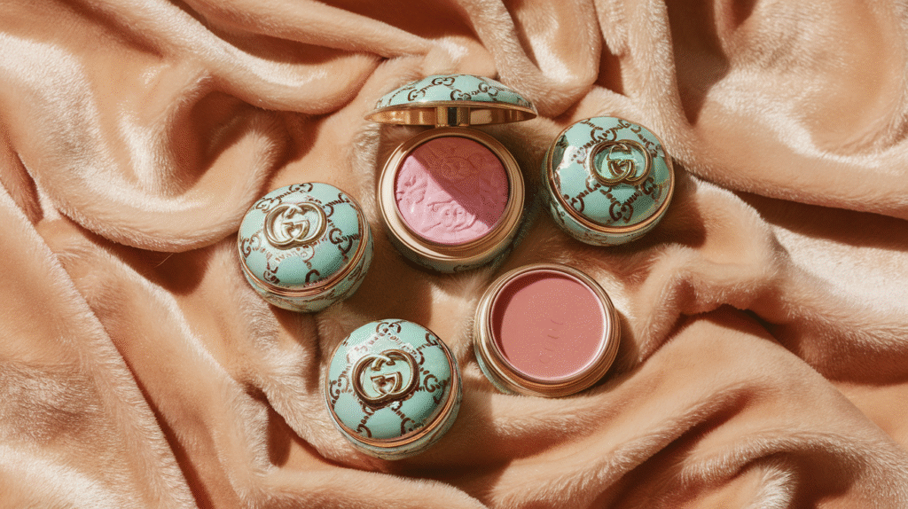 Baume à lèvres Gucci dans son écrin doré luxueux avec capuchon turquoise