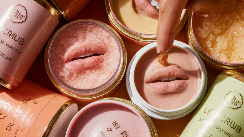 Différents gommages pour lèvres délicieux en pots et sticks avec texture sucrée visible