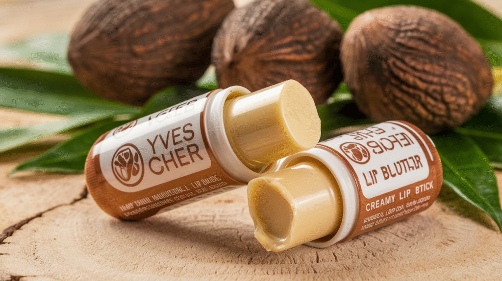 Baume à lèvres au karité Yves Rocher avec texture crémeuse dorée