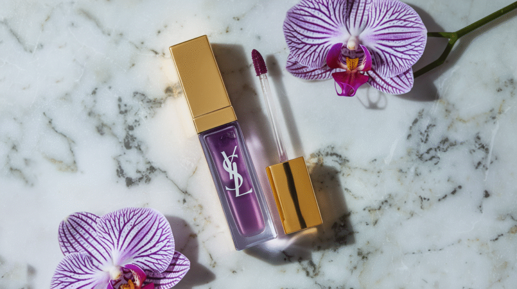 Flacon d'huile à lèvres Steve Laurent teinte Orchid sur fond élégant