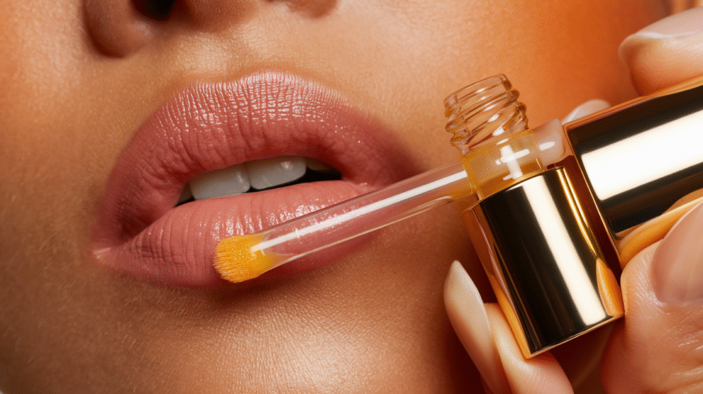 Application de l'Huile Confort Lèvres Clarins avec son applicateur exclusif