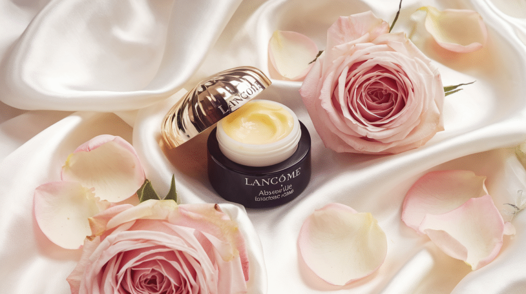 Baume à lèvres Lancôme Absolue Precious Cells en pot doré sur tissu blanc