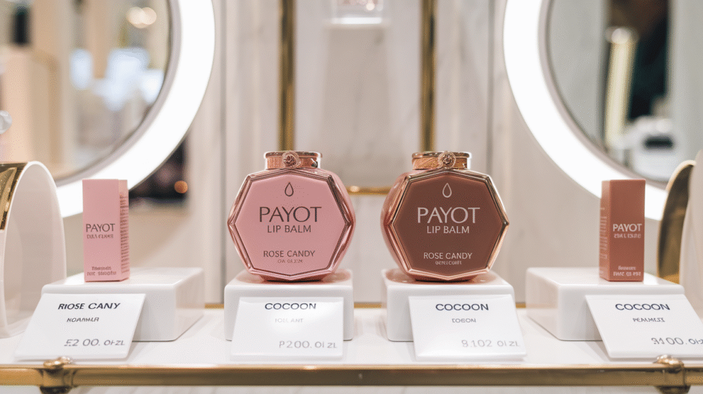 Baumes à lèvres Payot Nutricia en versions Rose Candy et Cocoon avec étiquettes de prix