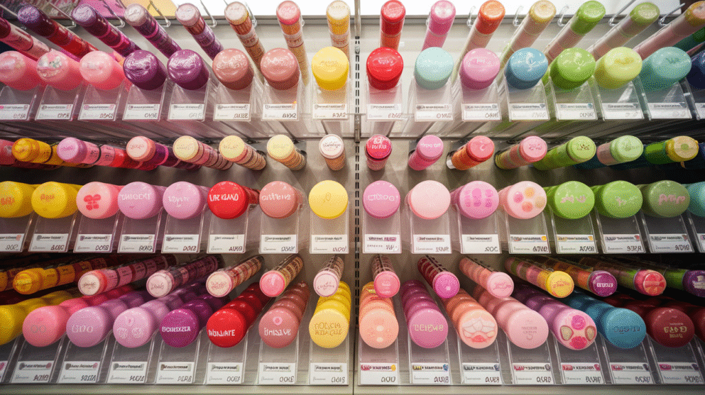 Baumes à lèvres Lollipops format jumbo exposés avec étiquettes de prix