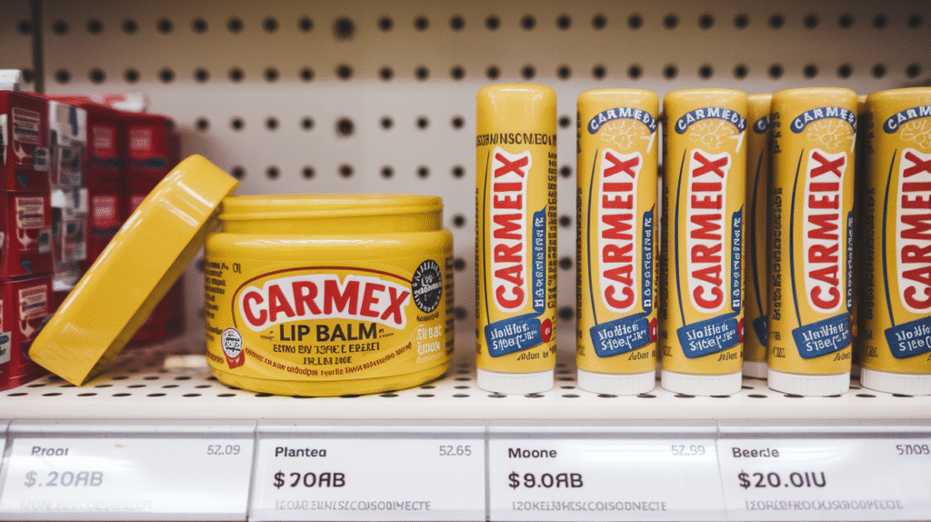 Différents formats de baume à lèvres Carmex avec prix en pharmacie